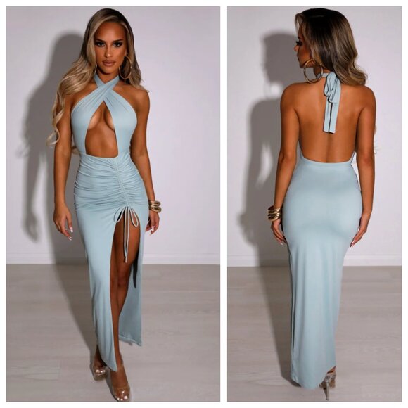 Babyboo Shanaya Sage Green Blue Cross Neck Halter Cut Out Ruched Slit Maxi Dress - Picture 2 of 7